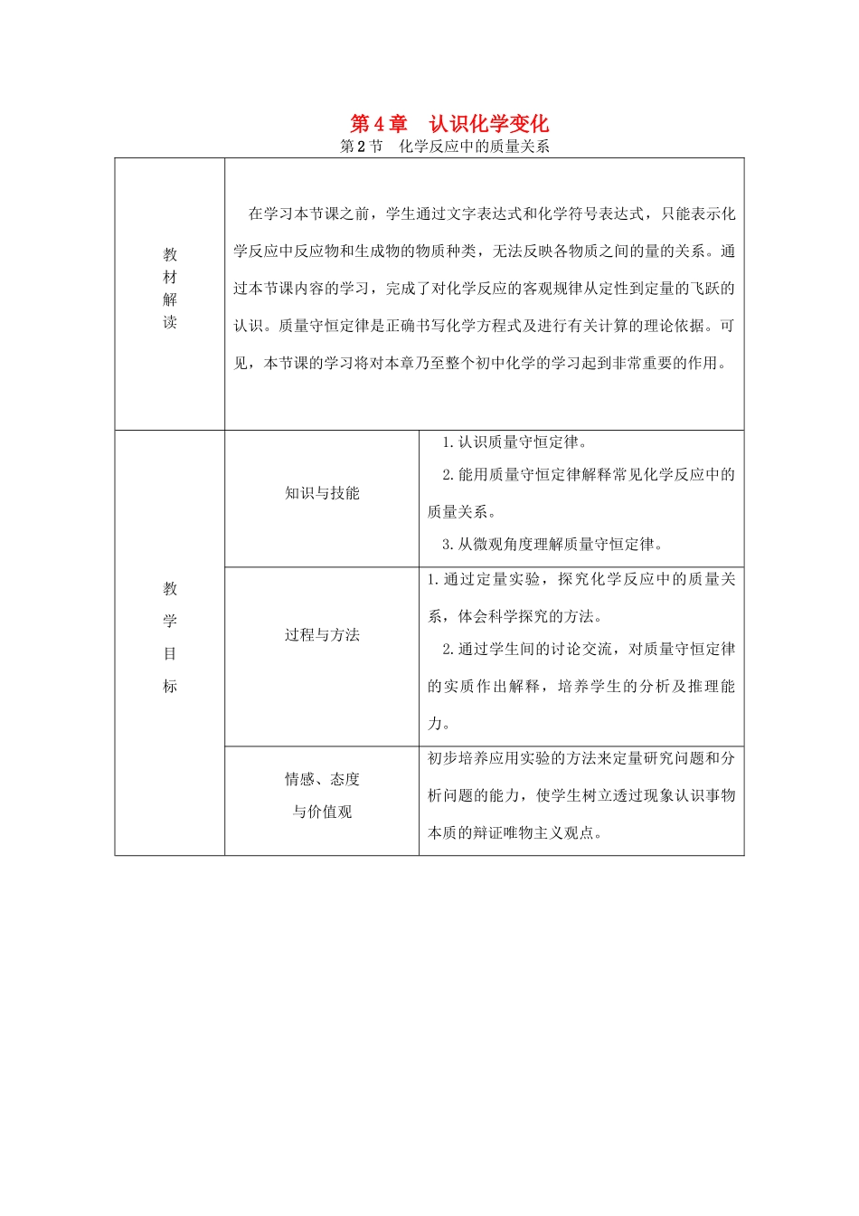 秋九年级化学上册 第4章 认识化学变化 第2节 化学反应中的质量关系教案 沪教版-沪教版初中九年级上册化学教案_第1页