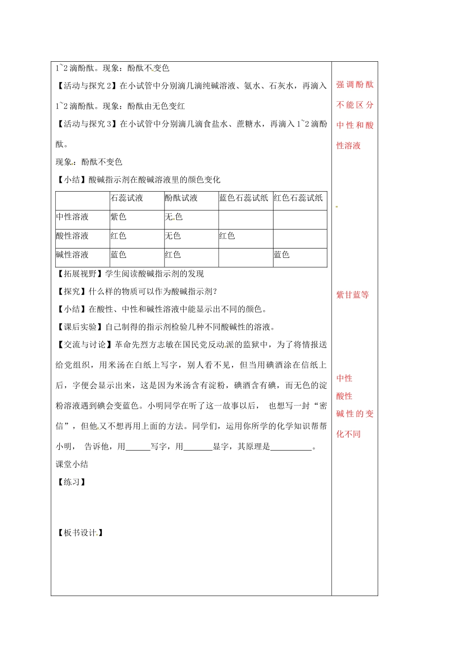 江苏省徐州市铜山区九年级化学下册 7.1 溶液的酸碱性 7.1.1 溶液的酸碱性教案 沪教版-沪教版初中九年级下册化学教案_第2页