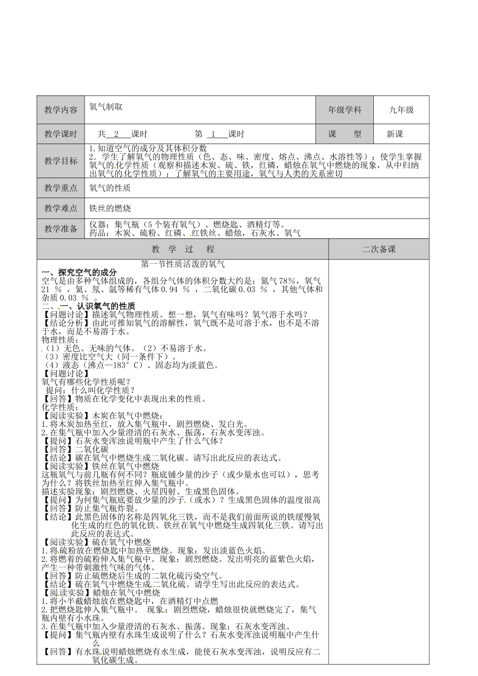 江苏省徐州市黄山外国语学校九年级化学全册《氧气制取》教案1 沪教版_第2页