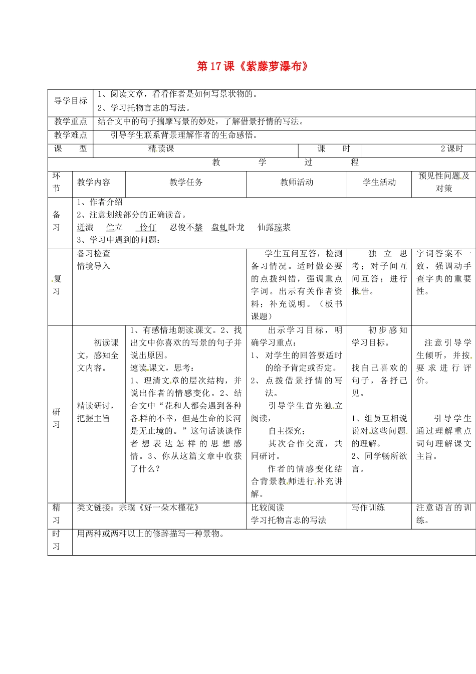 （秋季版）吉林省通化市七年级语文下册 第五单元 17 紫藤萝瀑布导学案2 新人教版-新人教版初中七年级下册语文学案_第1页
