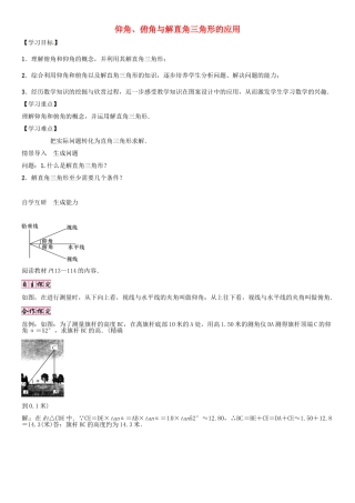 秋九年级数学上册 第24章 解直角三角形 仰角、俯角与解直角三角形的应用导学案 （新版）华东师大版-（新版）华东师大版初中九年级上册数学学案