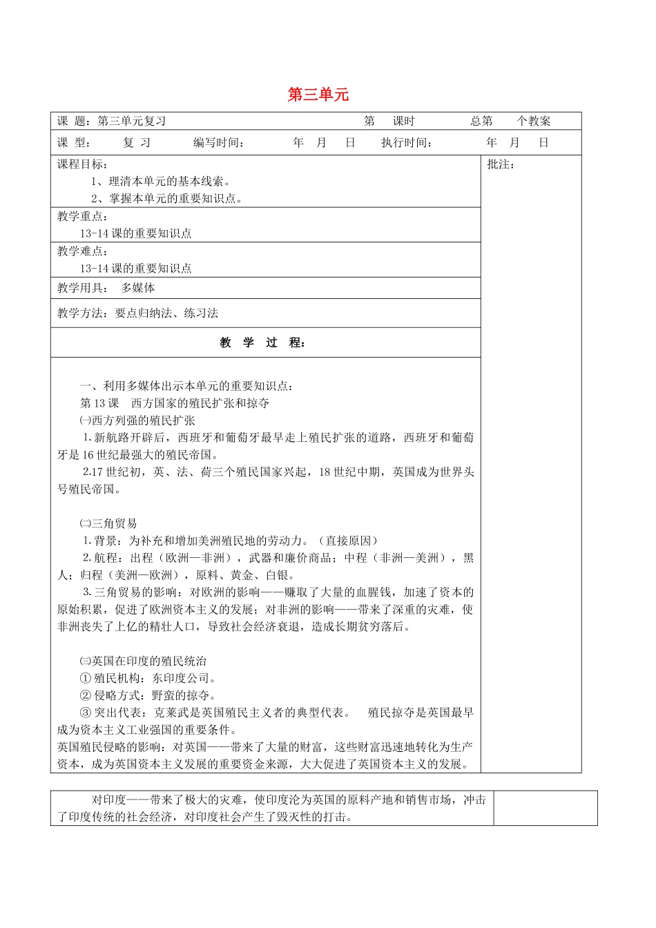 九年级历史上册《第3单元 殖民扩张与殖民地人民的战争》复习教案 岳麓版-岳麓版初中九年级上册历史教案_第1页