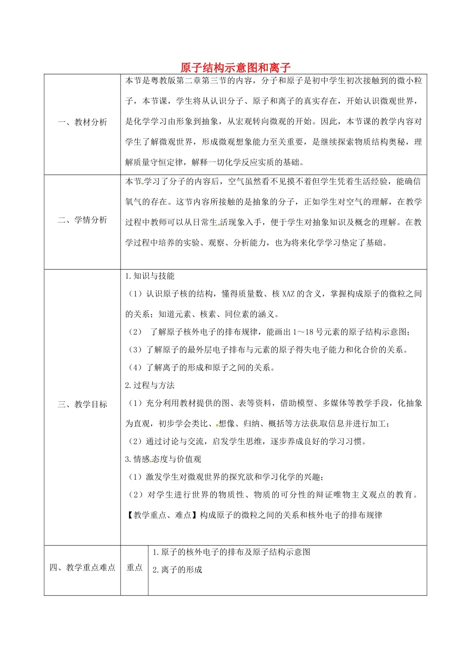 陕西省安康市石泉县池河镇九年级化学上册 2.3 构成物质的微粒（Ⅱ）—原子和离子（原子结构示意图和离子）教案 （新版）粤教版-（新版）粤教版初中九年级上册化学教案_第1页