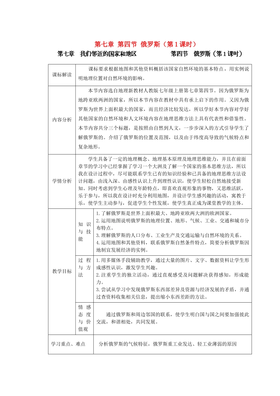 江苏省盐城市盐都县郭猛中学七年级地理下册 第七章 第四节 俄罗斯（第1课时）教学设计 （新版）新人教版_第1页