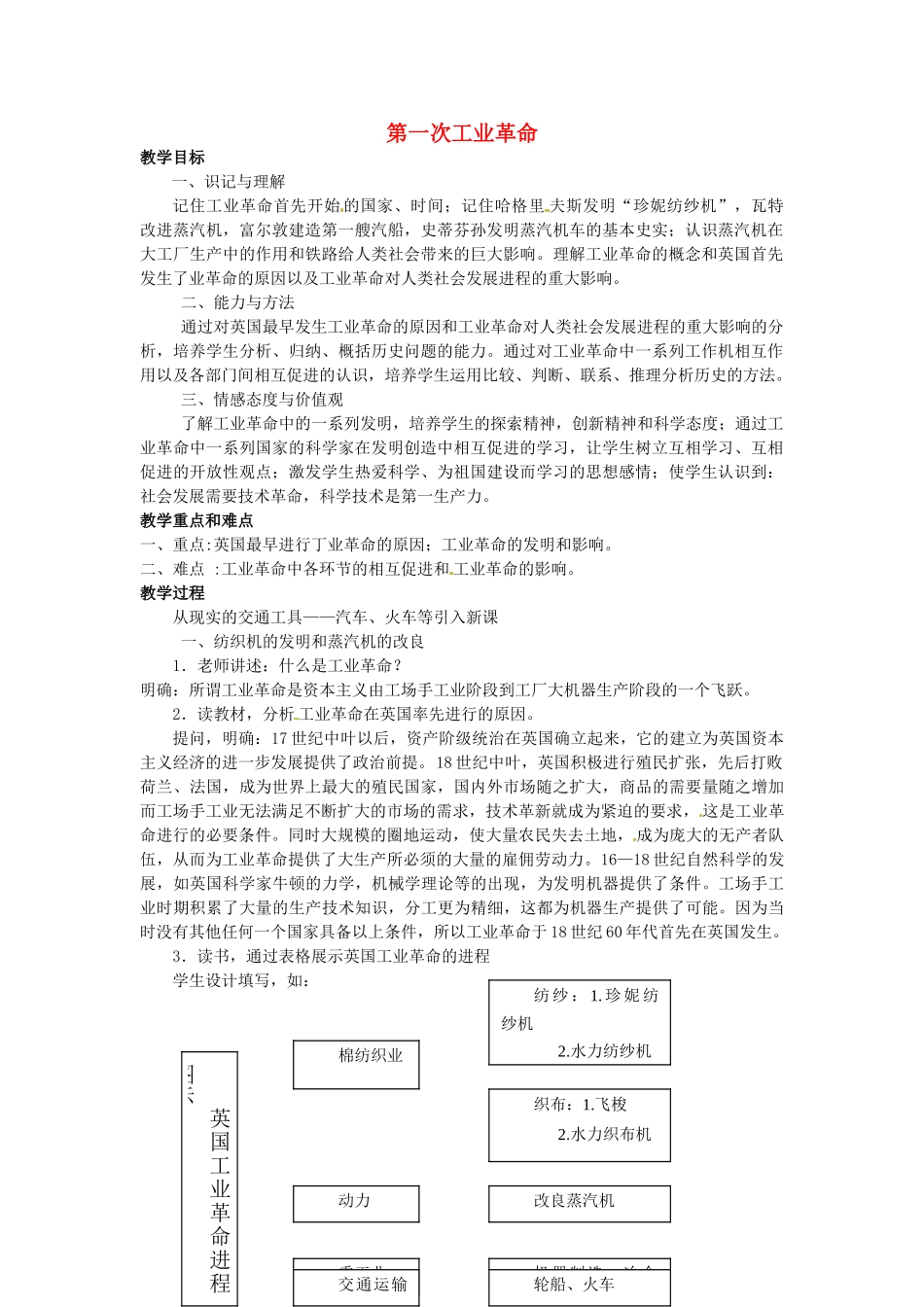 西藏拉萨市第八中学九年级历史上册 第1课 第一次工业革命教案 川教版_第1页