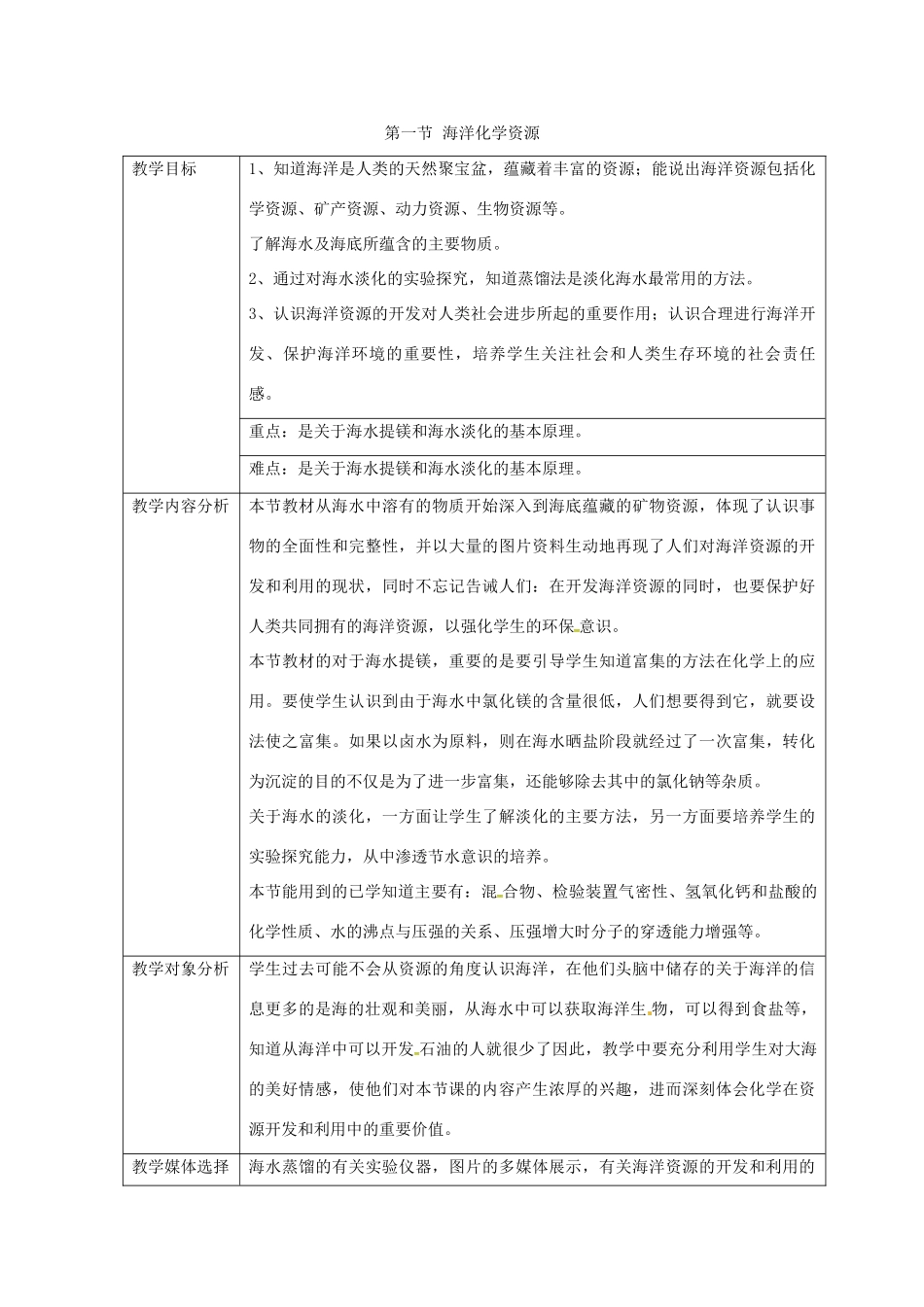 山东省莱州市沙河镇九年级化学全册 第三单元 海水中的化学 第一节 海洋化学资源教案1 鲁教版五四制-鲁教版五四制初中九年级全册化学教案_第2页