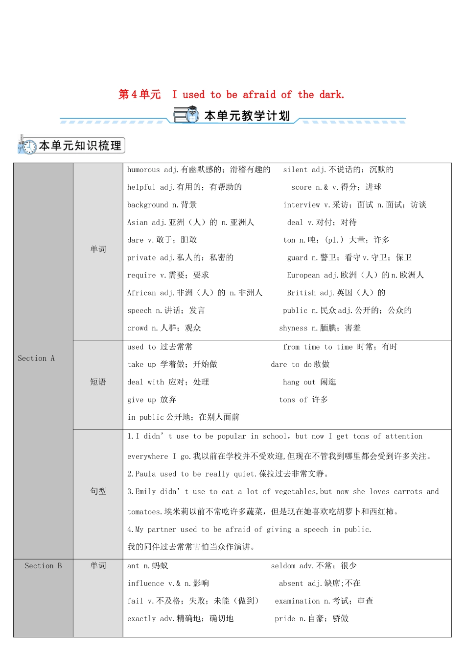 九年级英语全册 Unit 4 I used to be afraid of the dark第1课时导学案1（新版）人教新目标版-（新版）人教新目标版初中九年级全册英语学案_第1页