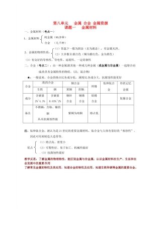 九年级化学下册 第八单元 金属 合金 金属资源《课题一 金属材料》考点复习教案 新人教版