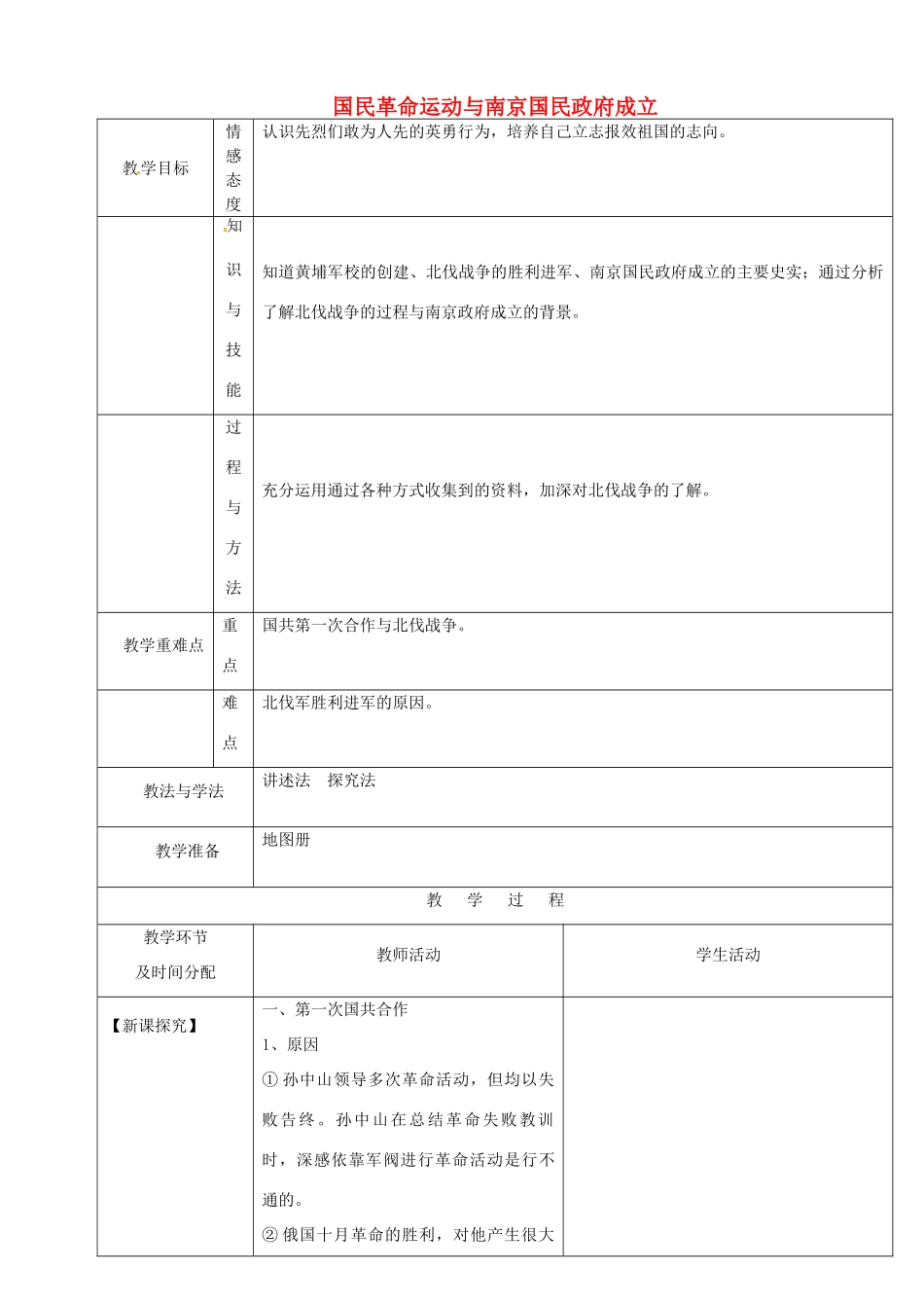 陕西省安康市紫阳县紫阳中学初中部八年级历史上册 第9课 国民革命运动与南京国民政府成立教案 华东师大版_第1页