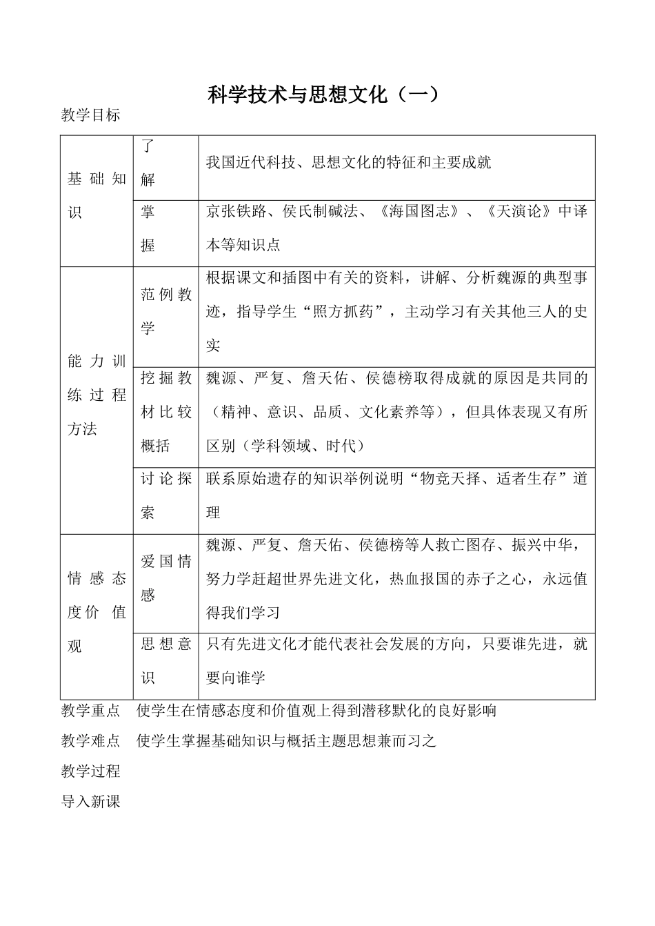 新人教版八年级历史科学技术与思想文化（一）教案_第1页