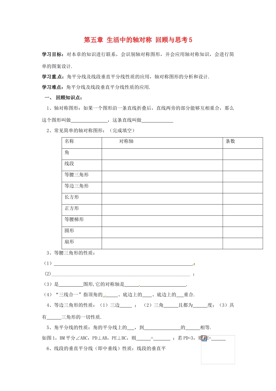 江西省金溪县第二中学七年级数学下册 第五章 生活中的轴对称 5回顾与思考导学案（无答案）（新版）北师大版_第1页