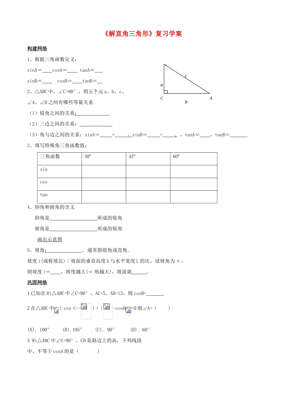 九年级数学上册《解直角三角形》复习学案 鲁教版_第1页