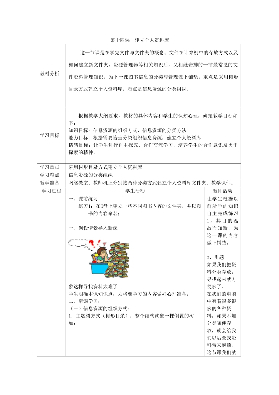 四川省七年级信息技术下册 第14课《建立个人资料库》教学案 新人教版_第1页