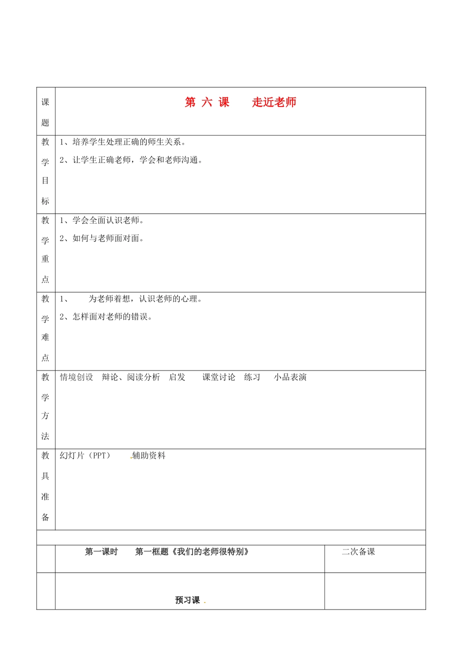 湖南省怀化市通道侗族自治县第一中学七年级政治上册 第二单元 生活中有你 第六课《走近老师》教案 人民版_第1页