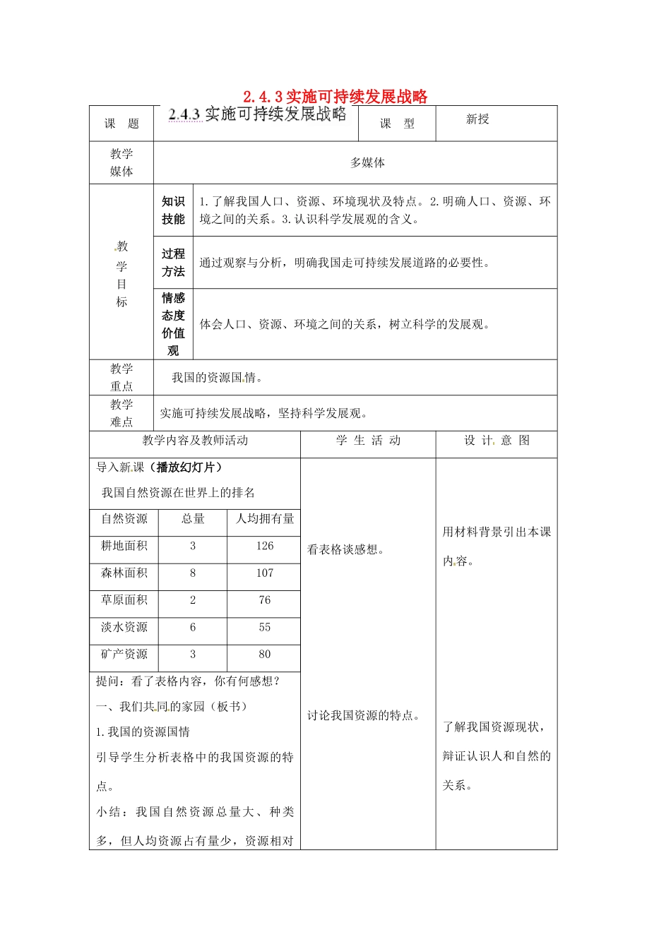 江苏省南通市实验中学九年级政治全册 2.4.3实施可持续发展战略教案 新人教版_第1页