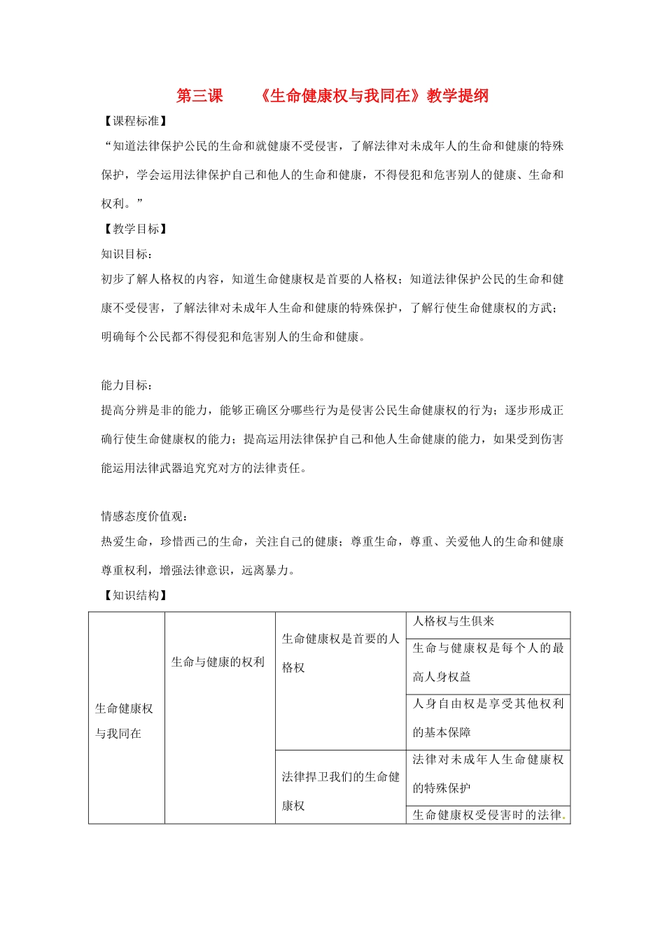福建省古田十一中八年级政治下册 第三课《生命健康权与我同在》教学提纲 新人教版_第1页
