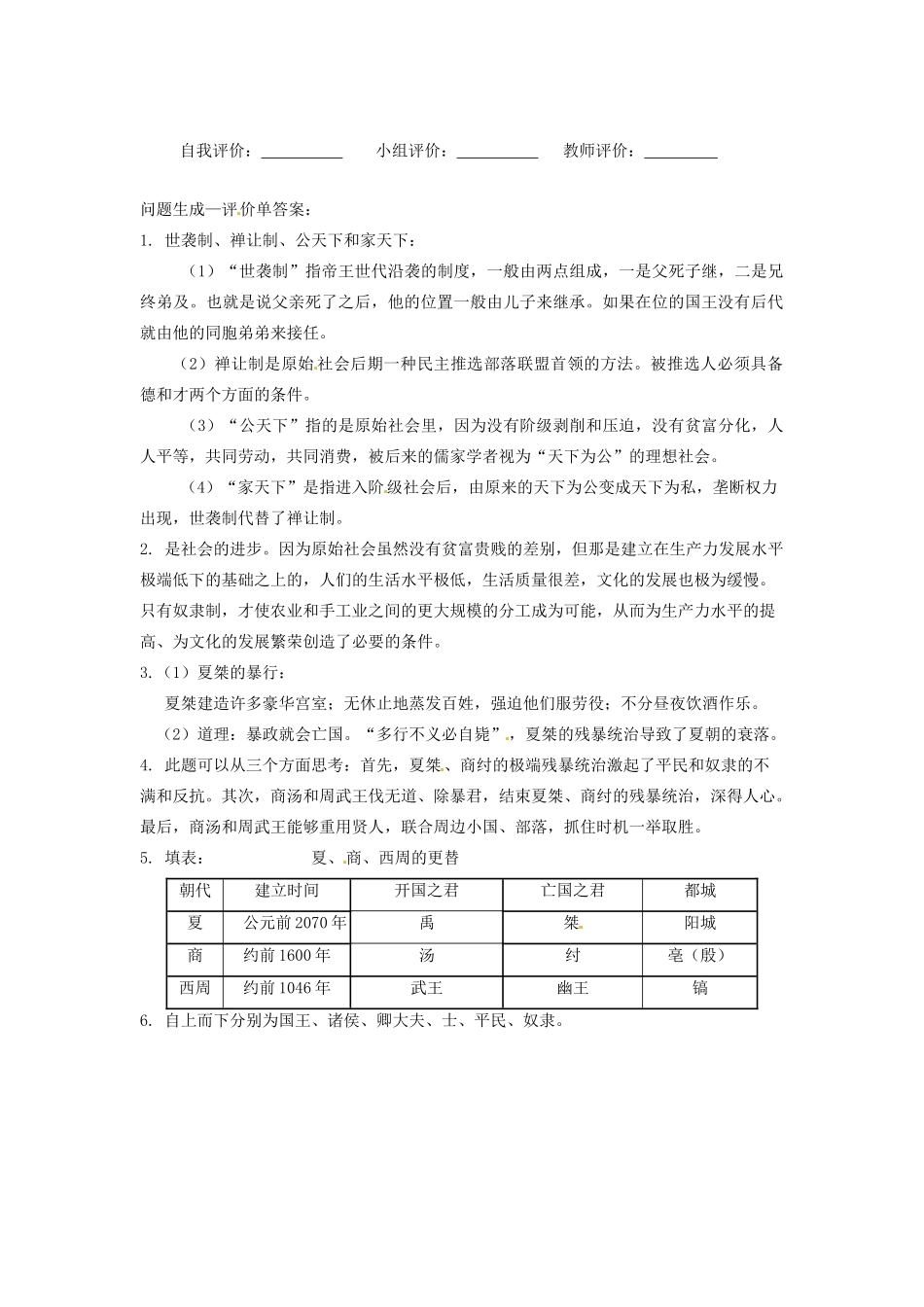 辽宁省凌海市石山初级中学七年级历史上册 2.4夏、商、西周的兴亡问题生成单 新人教版_第2页
