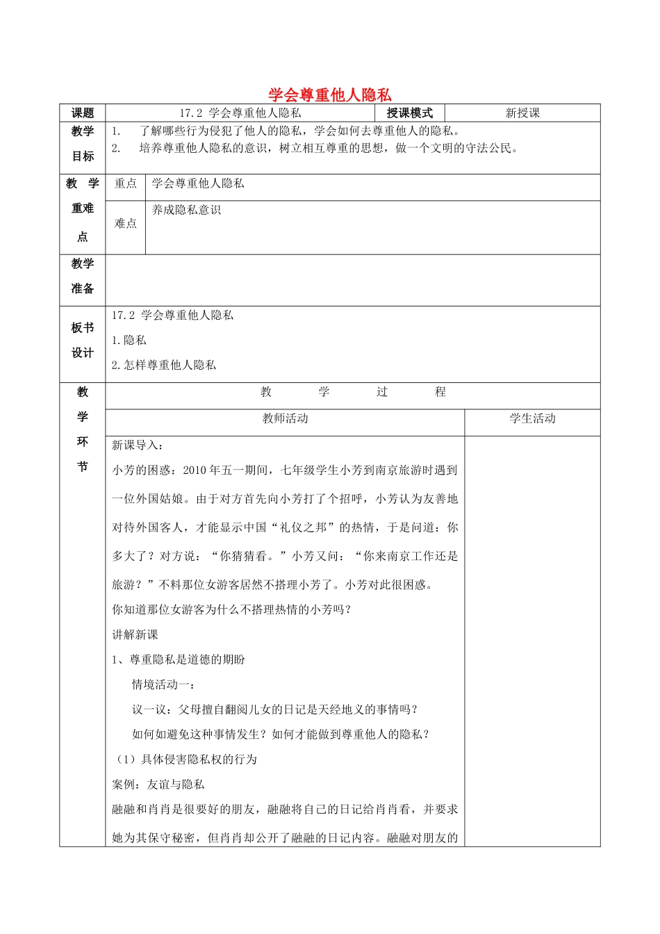 八年级政治下册 第五单元 与法同行 第17课 尊重别人隐私 维护合法权益 第二框 学会尊重他人的隐私教案 苏教版-苏教版初中八年级下册政治教案_第1页