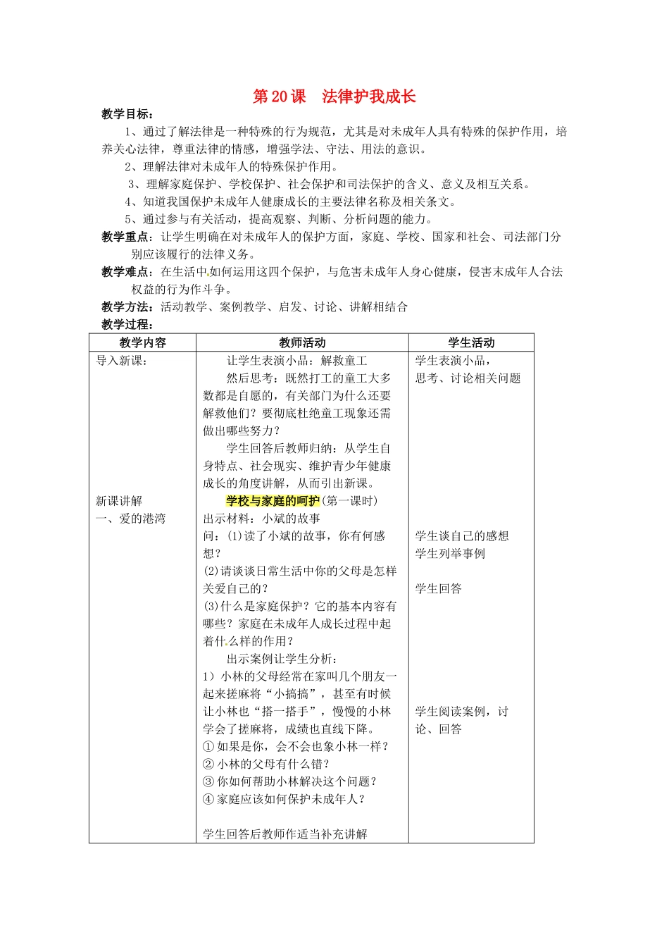 江苏省大丰市刘庄镇三圩初级中学七年级政治下册 第20课 法律护我成长教案 苏教版_第1页