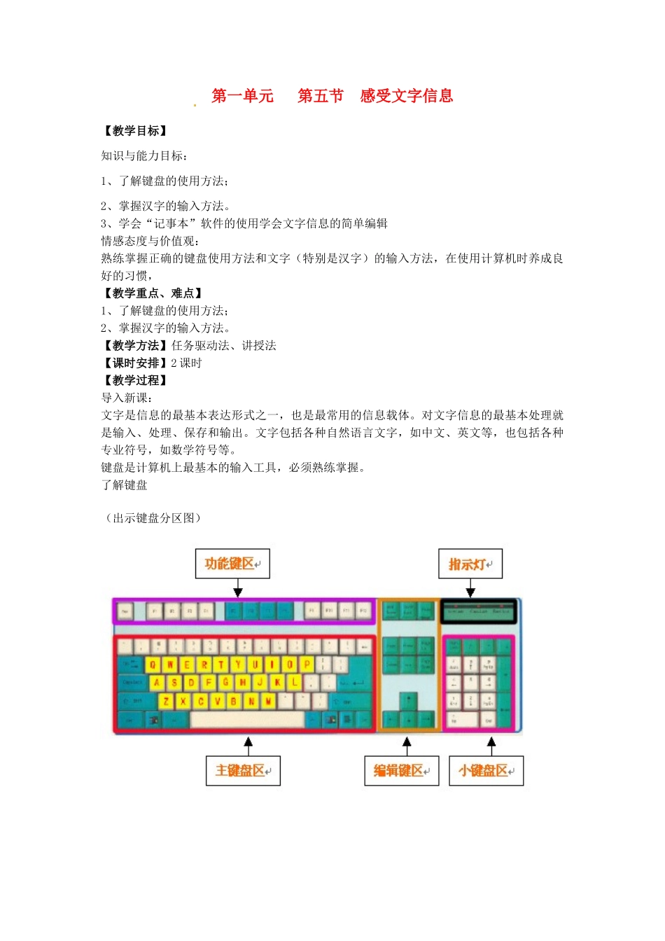 山西省介休市介休五中七年级信息技术第一单元 第五节 感受文字信息 教案_第1页