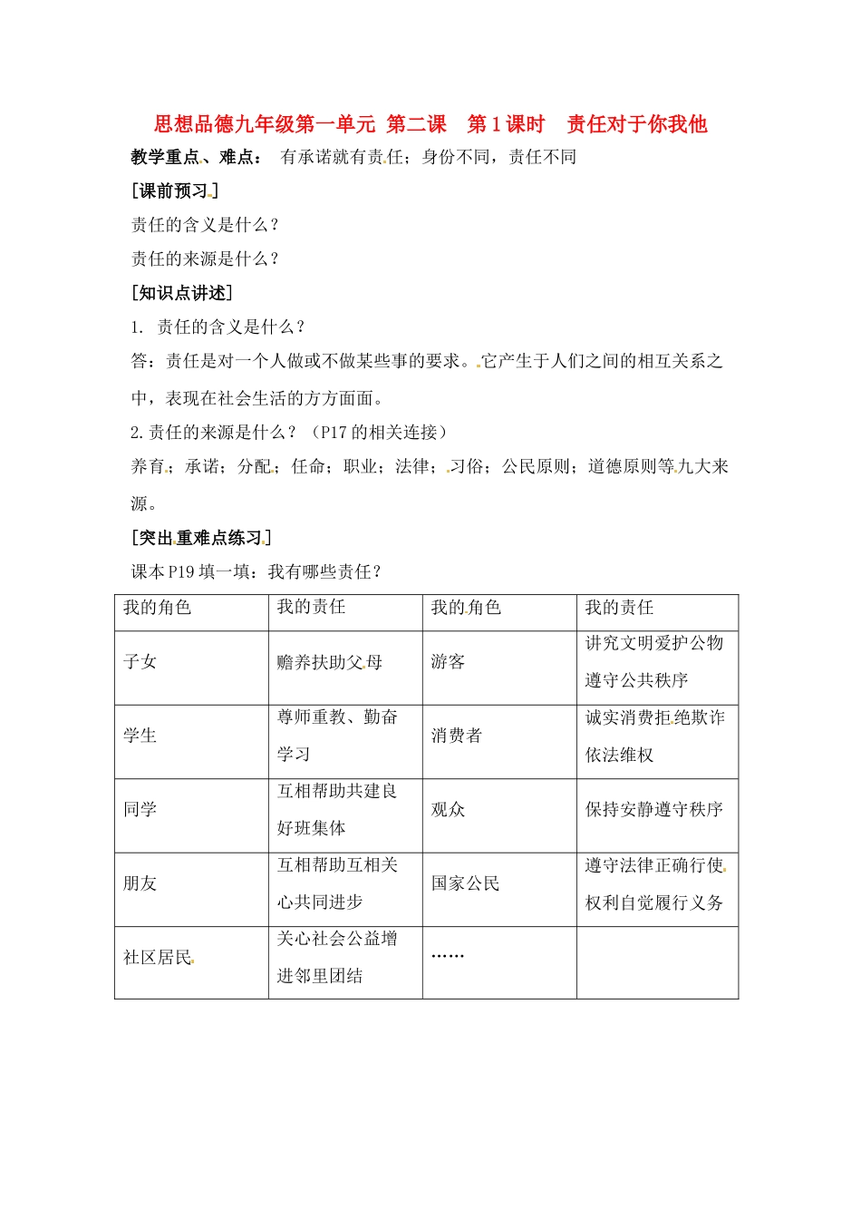 九年级政治：第二课《在承担责任中成长》 教案2（人教新课标版）_第1页