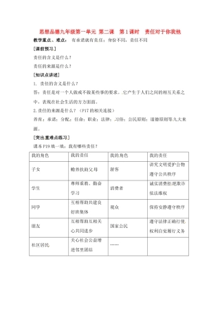 九年级政治：第二课《在承担责任中成长》 教案2（人教新课标版）