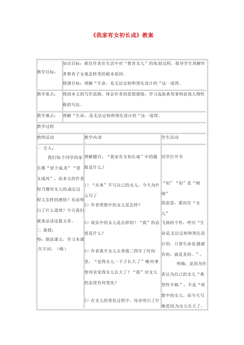 七年级语文下册 3.9《我家有女初长成》教案 北京课改版_第1页