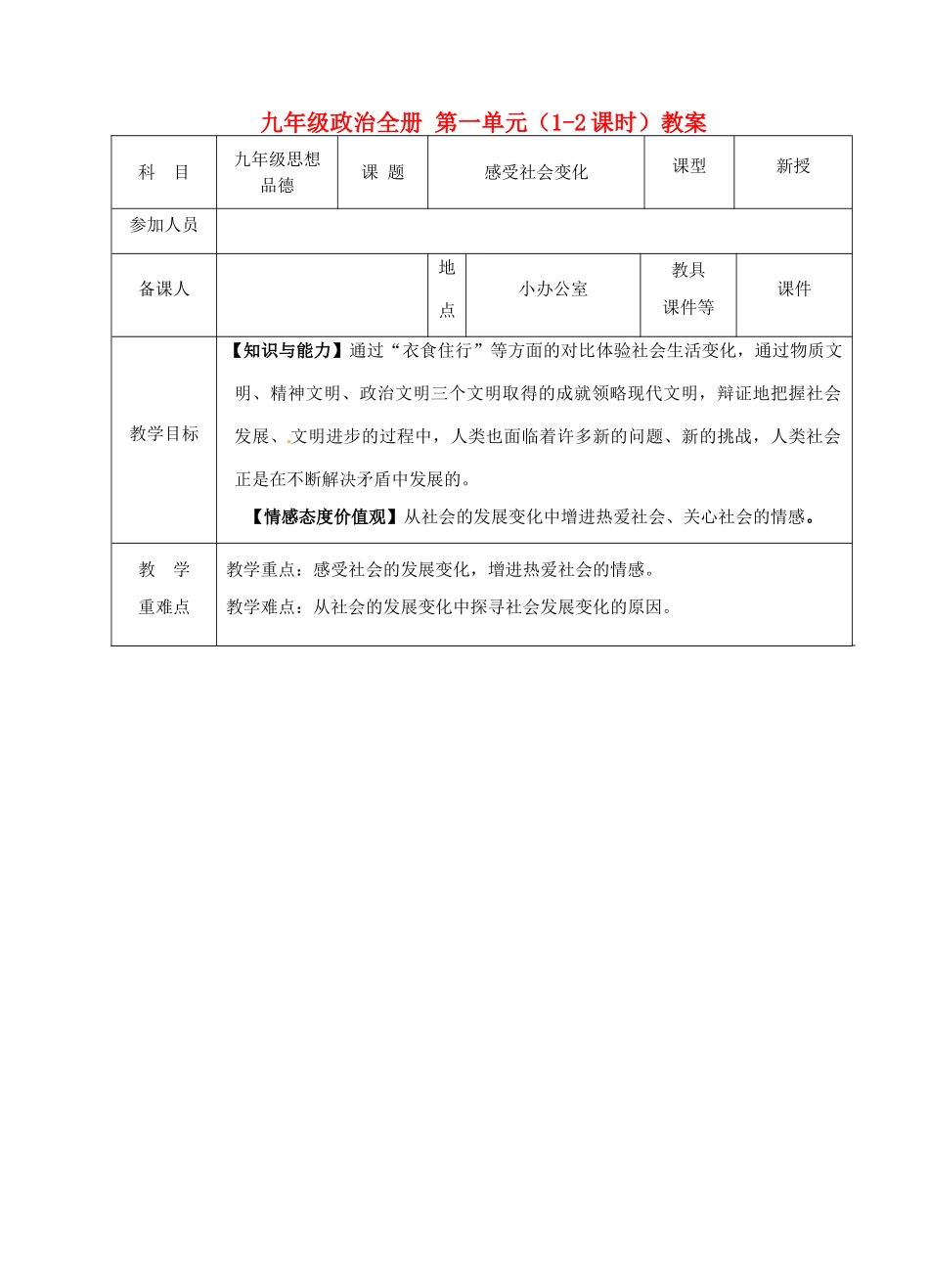 江苏省兴化市城东初级中学九年级政治全册 第一单元（1-2课时）教案 苏教版_第1页