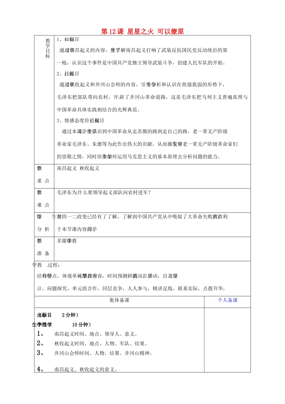 山东省淄博市临淄区第八中学八年级历史上册《第12课 星星之火 可以燎原》教案 新人教版_第1页