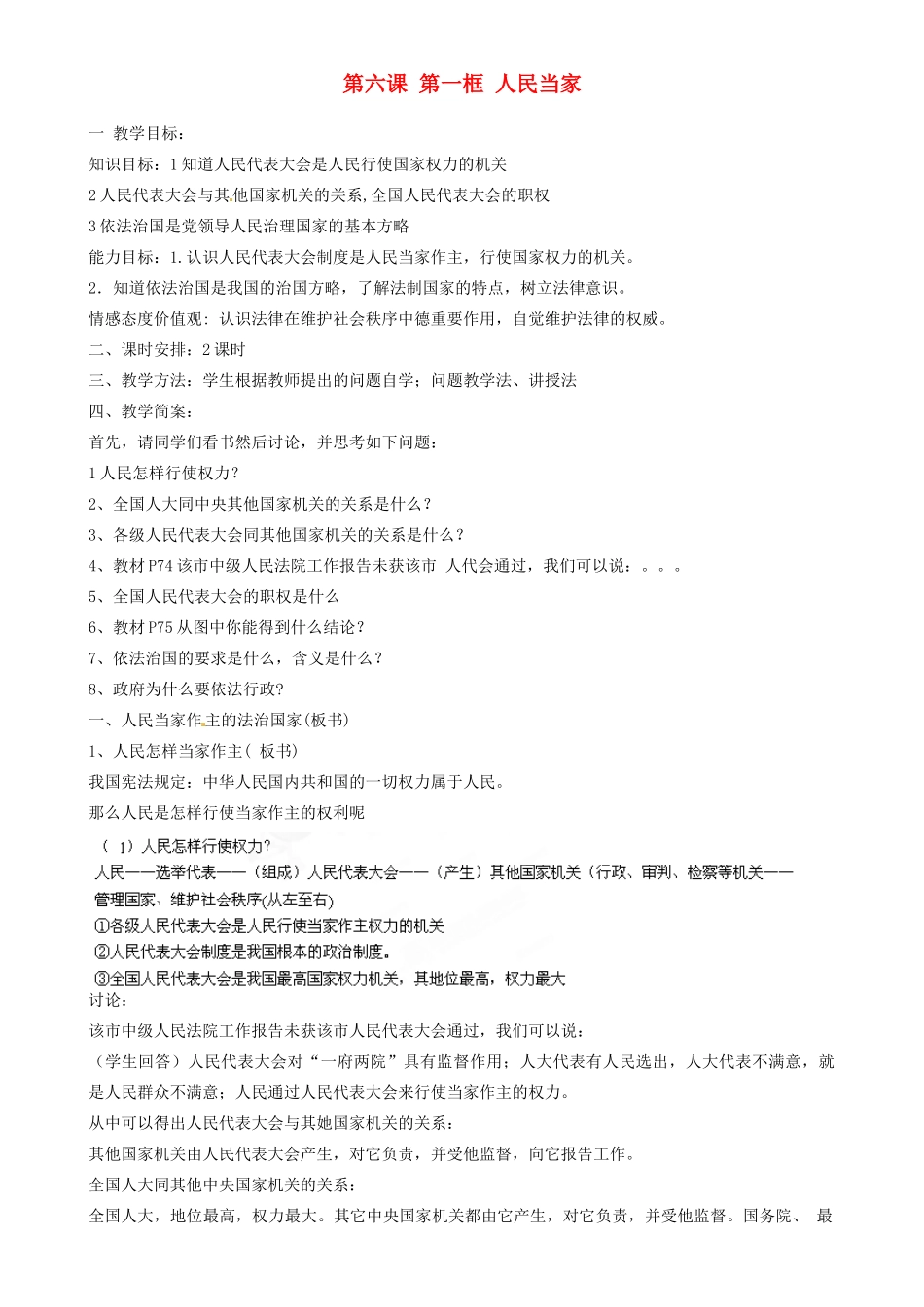 江苏省南京市六合区马鞍初级中学九年级政治全册 第六课 第一框 人民当家教案 新人教版_第1页