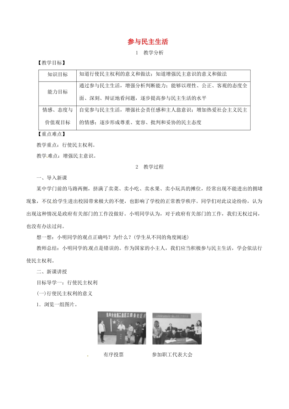 九年级道德与法治上册 第二单元 民主与法治 第三课 追求民主价值 第2框 参与民主生活教案 新人教版-新人教版初中九年级上册政治教案_第1页