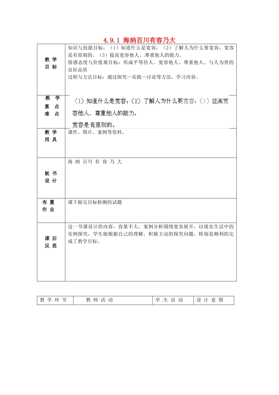 北京市豆各庄中学八年级政治上册 4.9.1 海纳百川有容乃大教案 新人教版_第1页