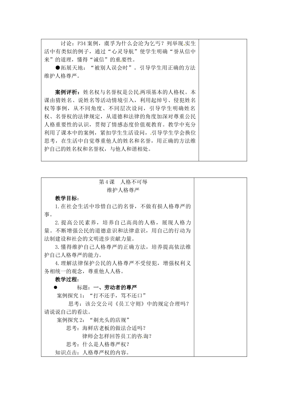 江苏省苏州张家港市一中七年级政治上册 第4课 人格不可辱教案 苏教版_第2页
