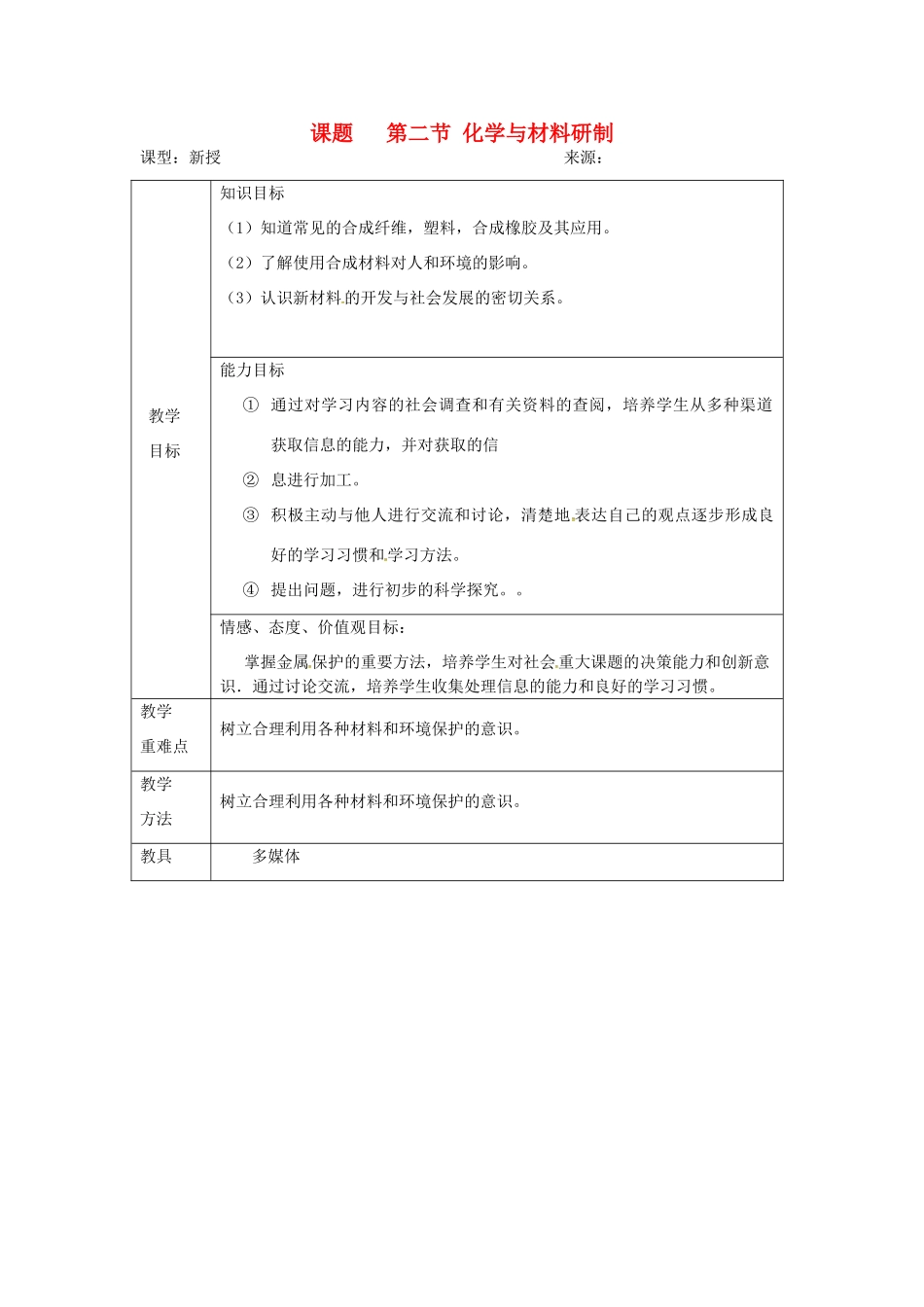 山东省莱州市沙河镇九年级化学全册 第六单元 化学与社会发展 第二节 化学与材料研制教案 鲁教版五四制-鲁教版五四制初中九年级全册化学教案_第1页