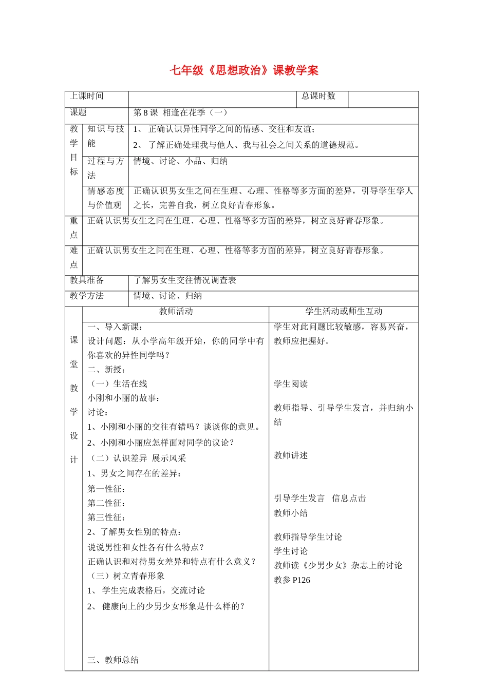 七年级政治 第8课 相逢在花季教案（一） 苏教版_第1页