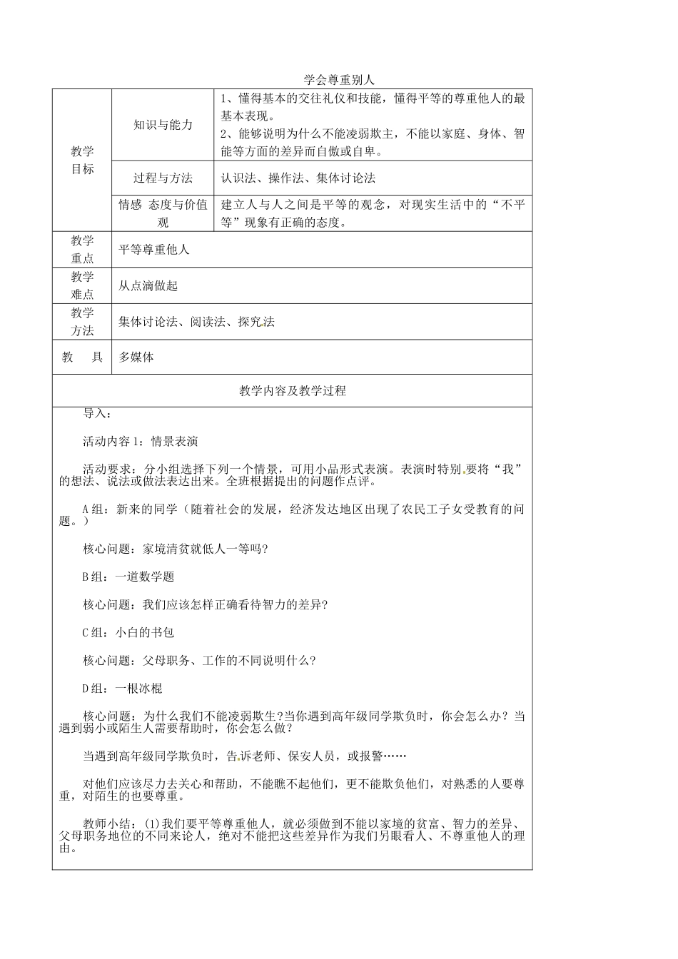 江苏省太仓市第二中学七年级政治上册《第五课 第二框 学会尊重别人》教案 苏教版_第1页