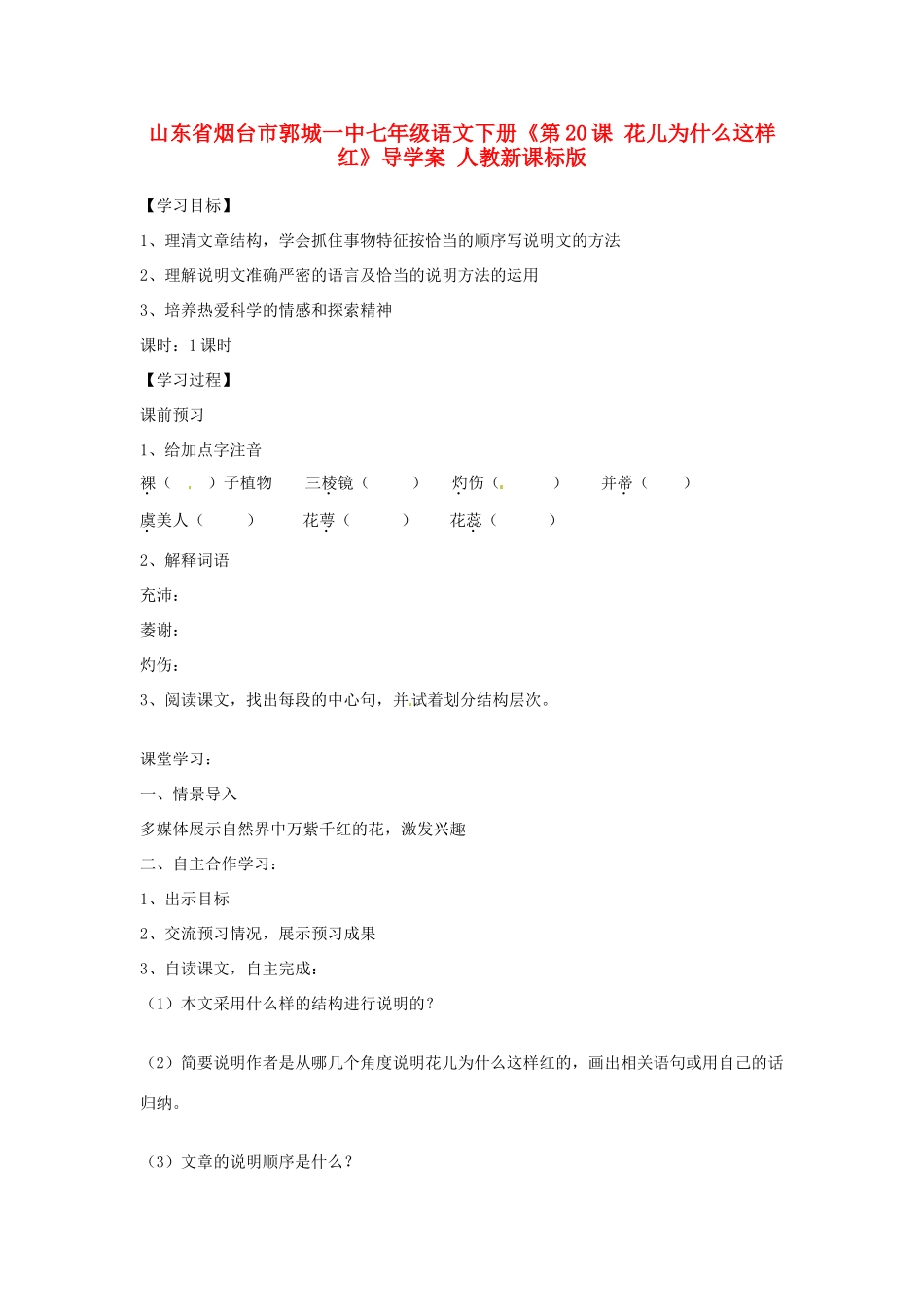 山东省烟台市郭城一中七年级语文下册《第20课 花儿为什么这样红》导学案 人教新课标版_第1页