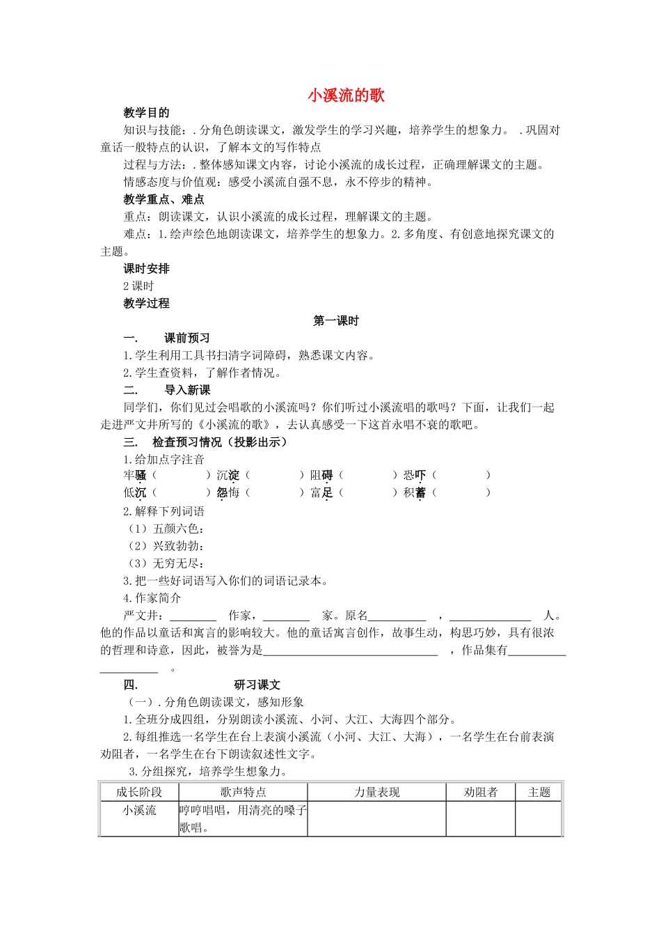 七年级语文上册 第5单元 第18课《小溪流的歌》教学设计及反思 语文版-语文版初中七年级上册语文教案_第1页