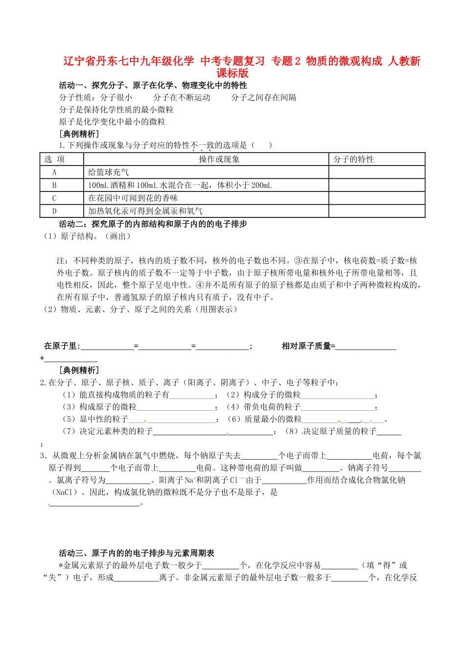 辽宁省丹东七中九年级化学 中考专题复习 专题2 物质的微观构成 人教新课标版_第1页