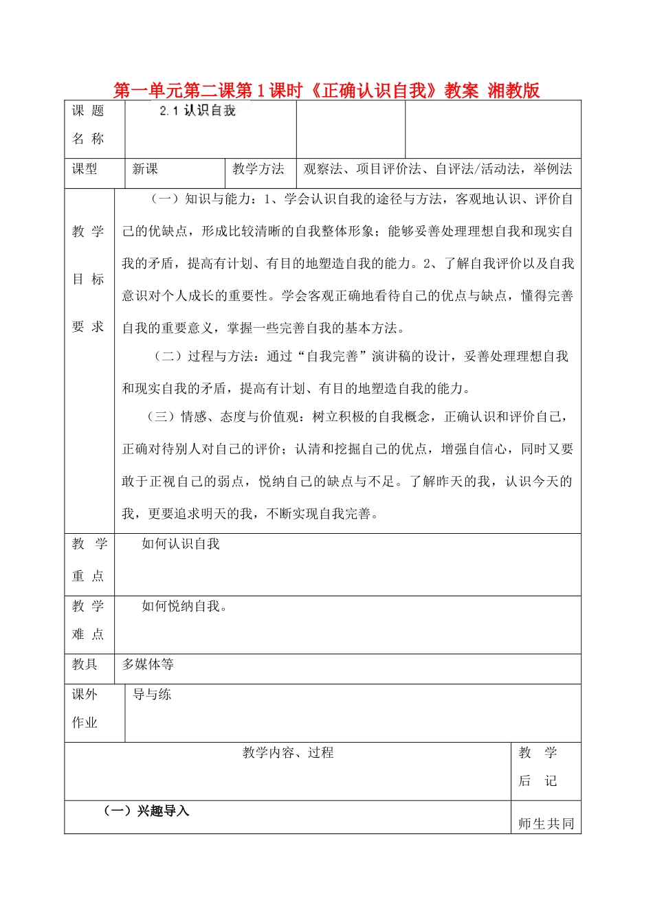 湖南省株洲市天元区马家河中学七年级政治上第一单元第二课第1课时《正确认识自我》教案 湘教版_第1页