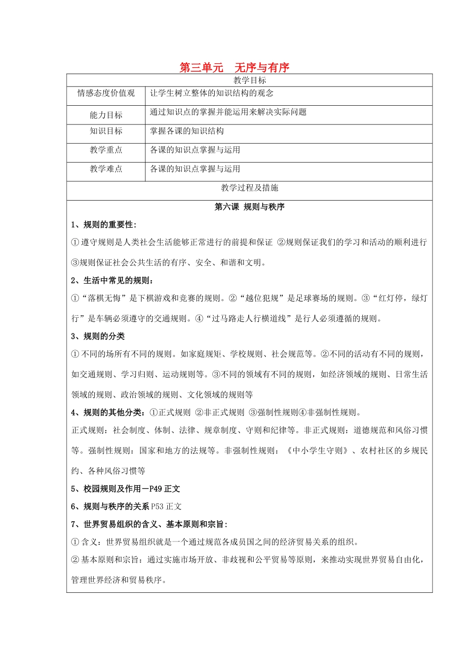 广西灵山县金龙中学七年级政治下册 第三单元 无序与有序知识点复习教案 教科版_第1页