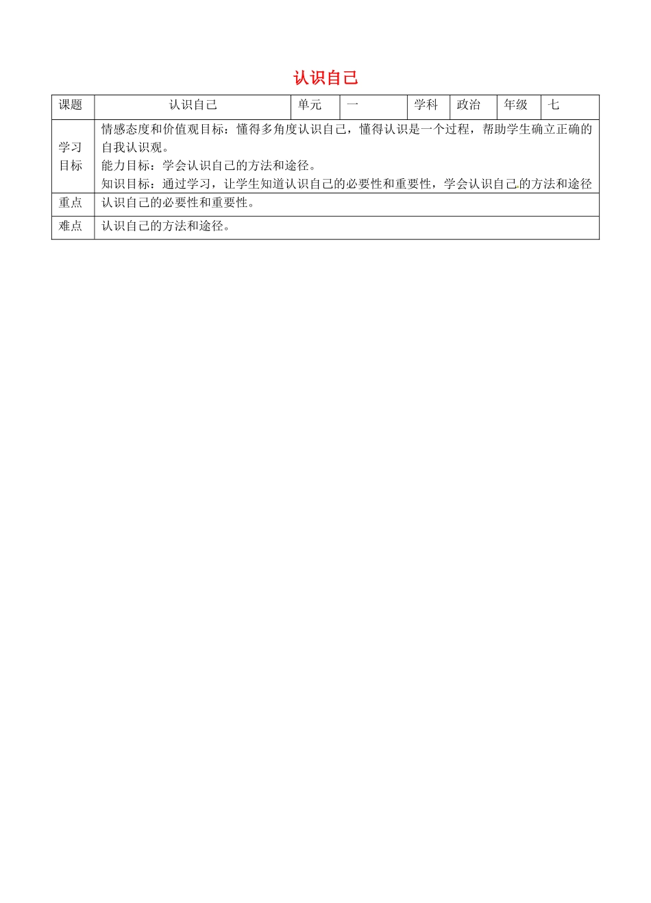 湖南省耒阳市七年级道德与法治上册 第一单元 成长的节拍 第三课 发现自己 第一框 认识自己教案 新人教版-新人教版初中七年级上册政治教案_第1页