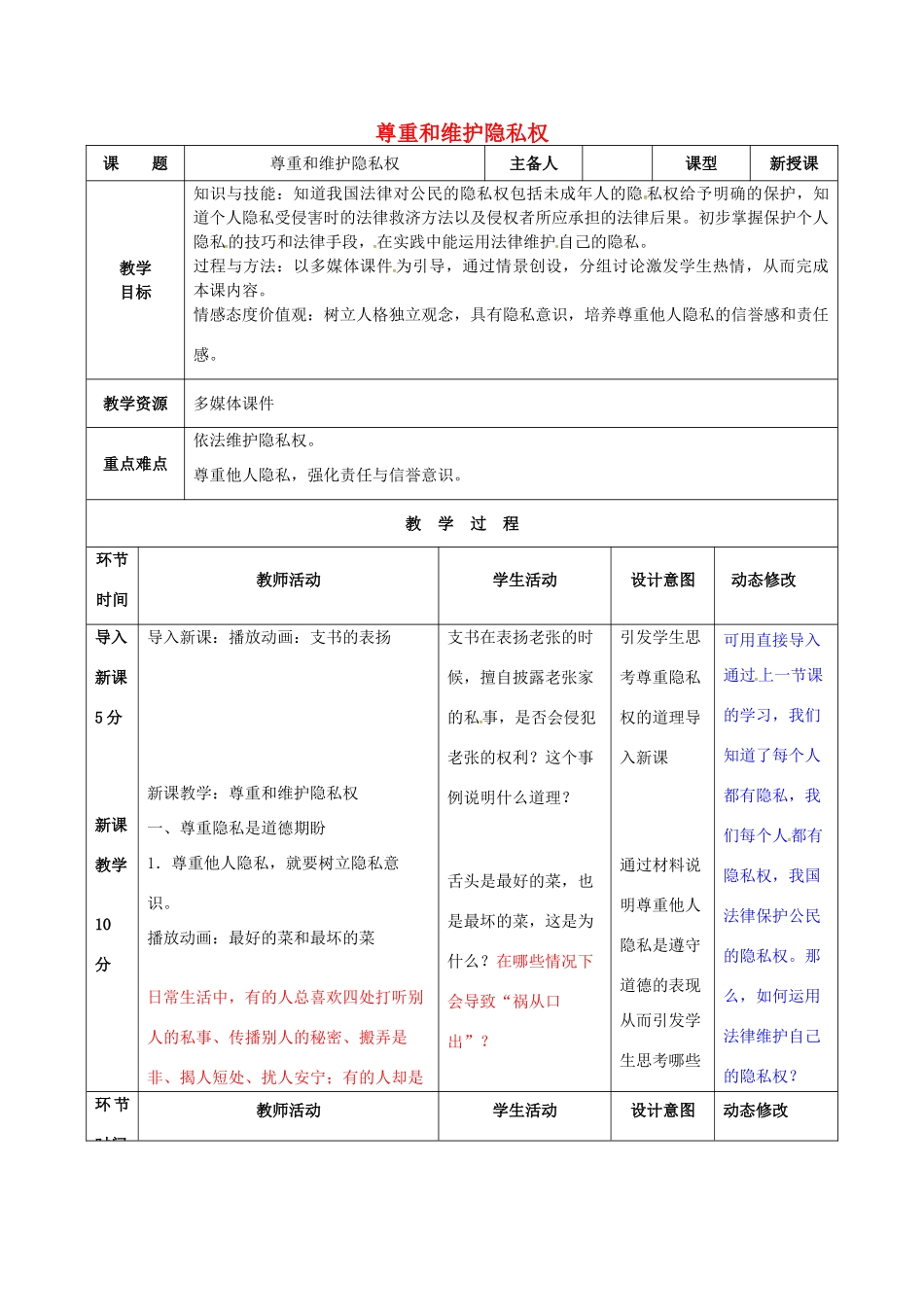 吉林省双辽市八年级政治下册 第二单元 我们的人身权利 第五课 尊重和维护隐私权 第2框 尊重和维护隐私权教案 新人教版-新人教版初中八年级下册政治教案_第1页