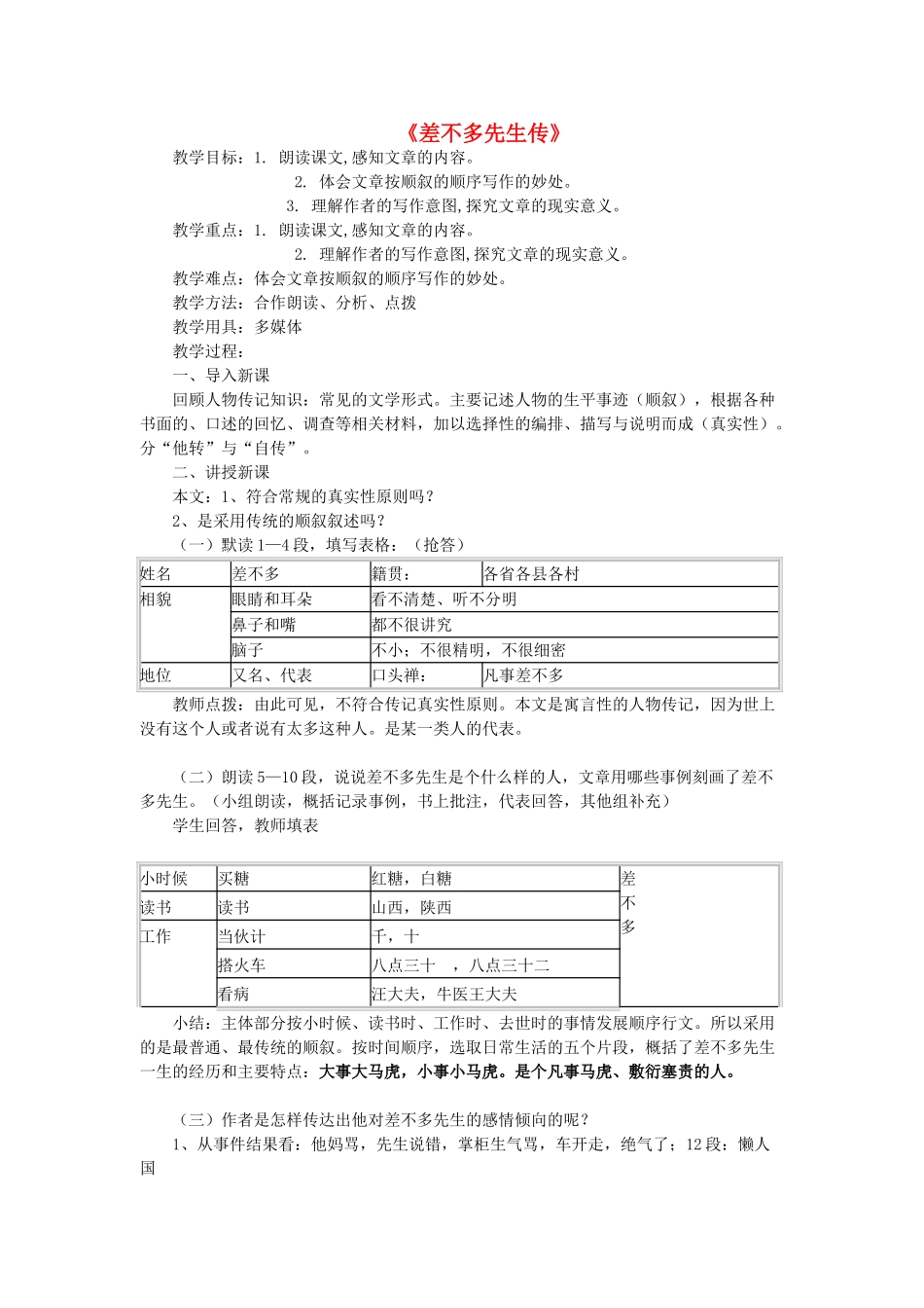七年级语文上册 第三单元 第12课《差不多先生传》教学设计 北京课改版-北京课改版初中七年级上册语文教案_第1页