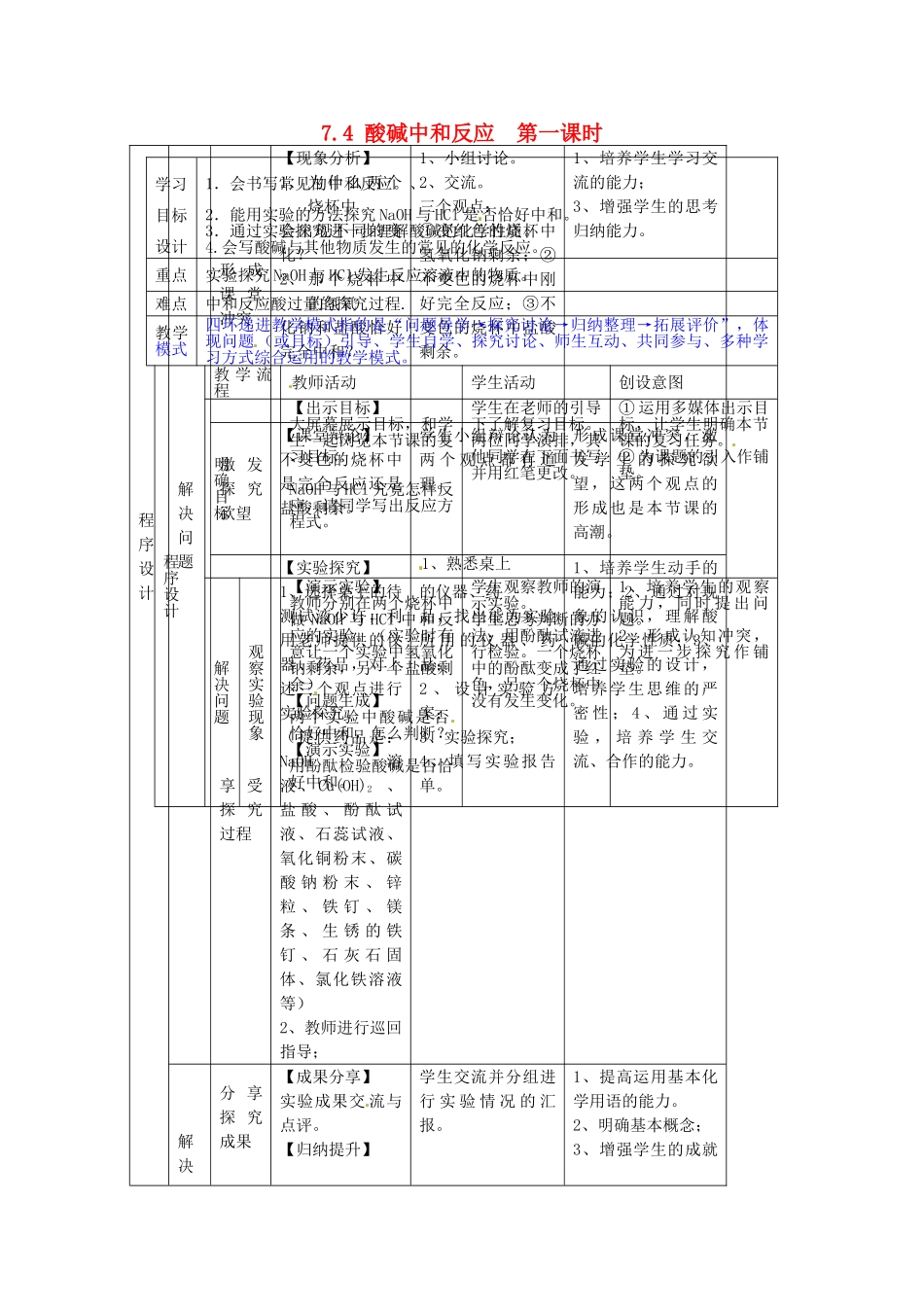山东省枣庄市峄城区吴林街道中学九年级化学全册《第七单元 酸碱中和反应》教案1 鲁教版_第1页