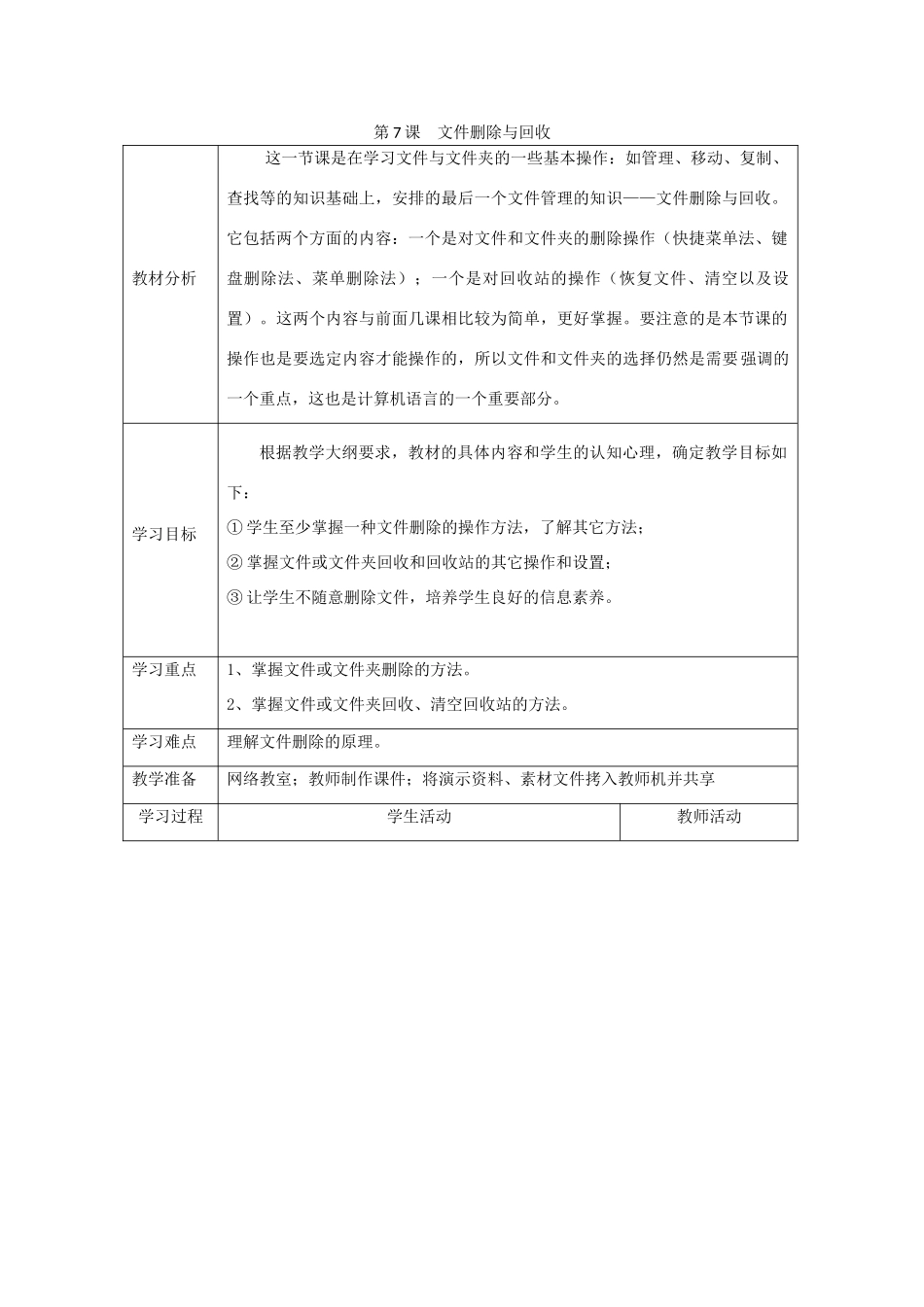 四川省七年级信息技术下册 第7课《文件删除与回收》教学案 新人教版_第1页