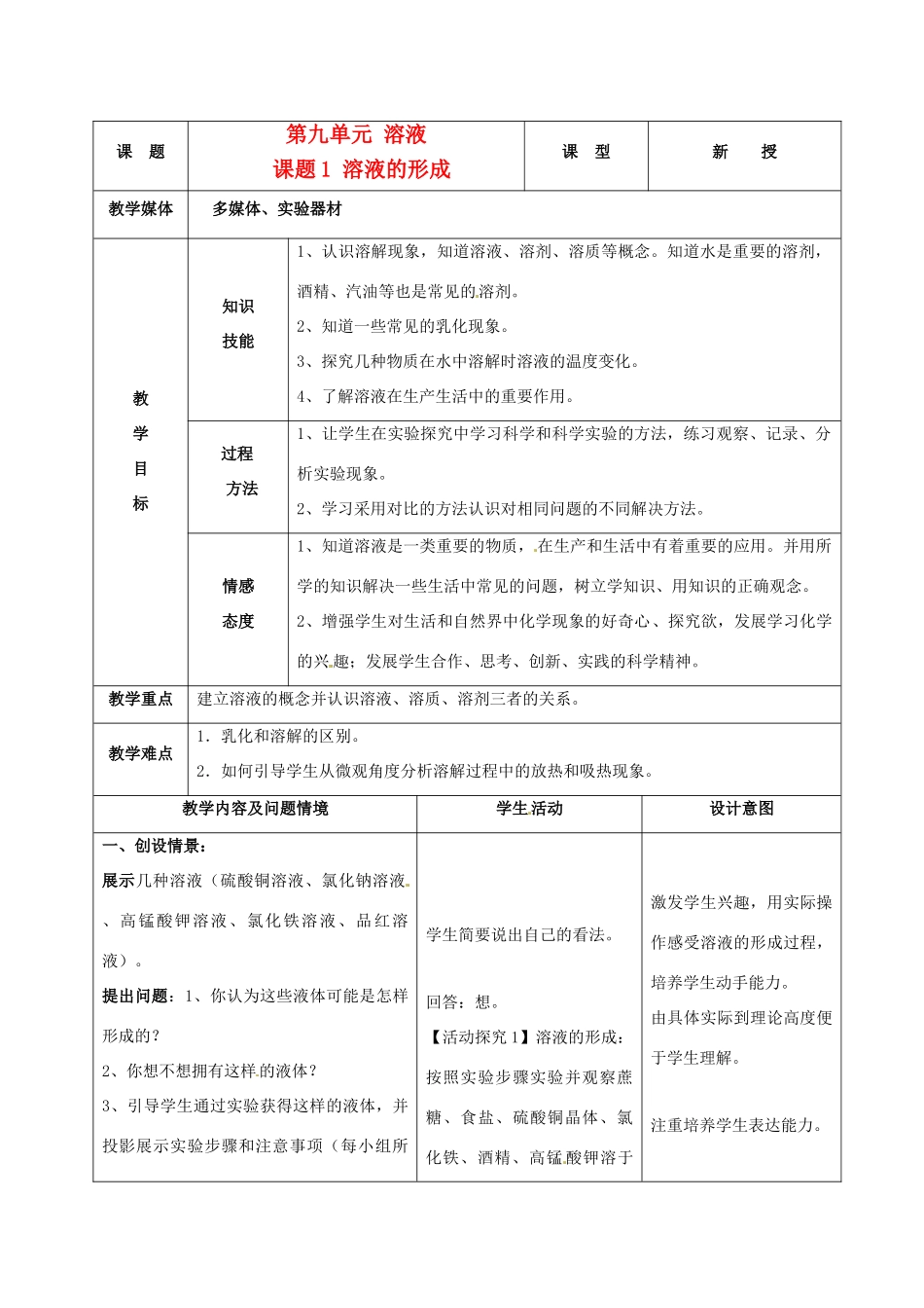 九年级化学下册 9.1溶液的形成教案 人教新课标版_第1页
