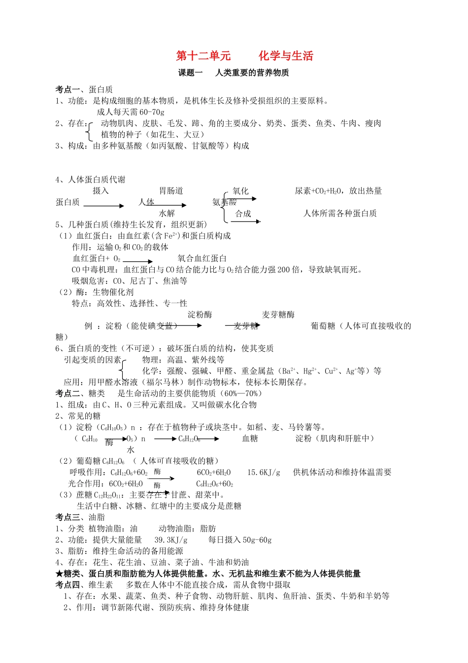 九年级化学下册 第十二章《化学与生活》单元考点知识总结教案 新人教版_第1页