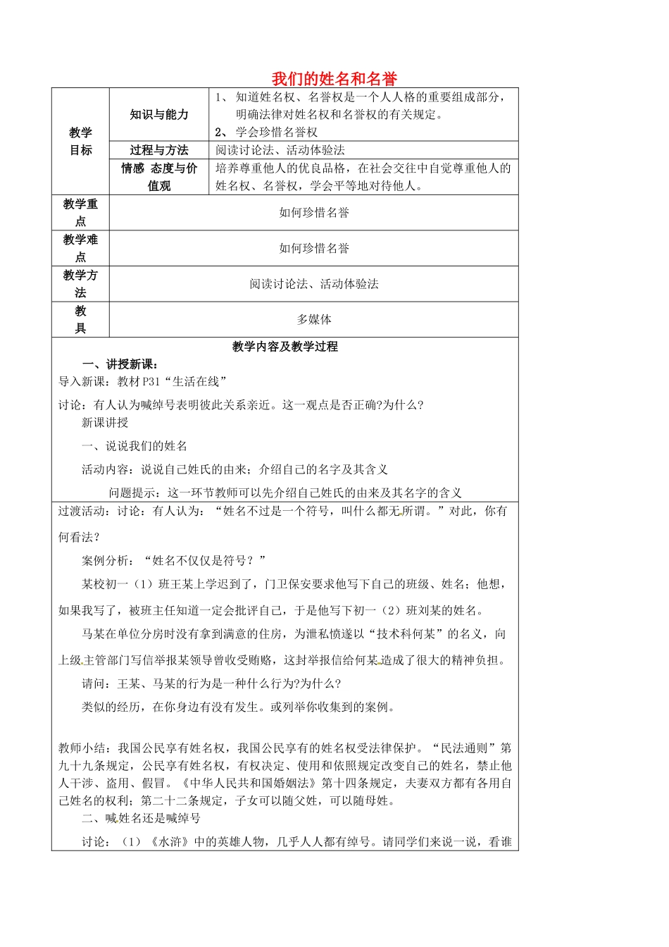 江苏省太仓市第二中学七年级政治上册《第四课 第一框 我们的姓名和名誉》教案 苏教版_第1页