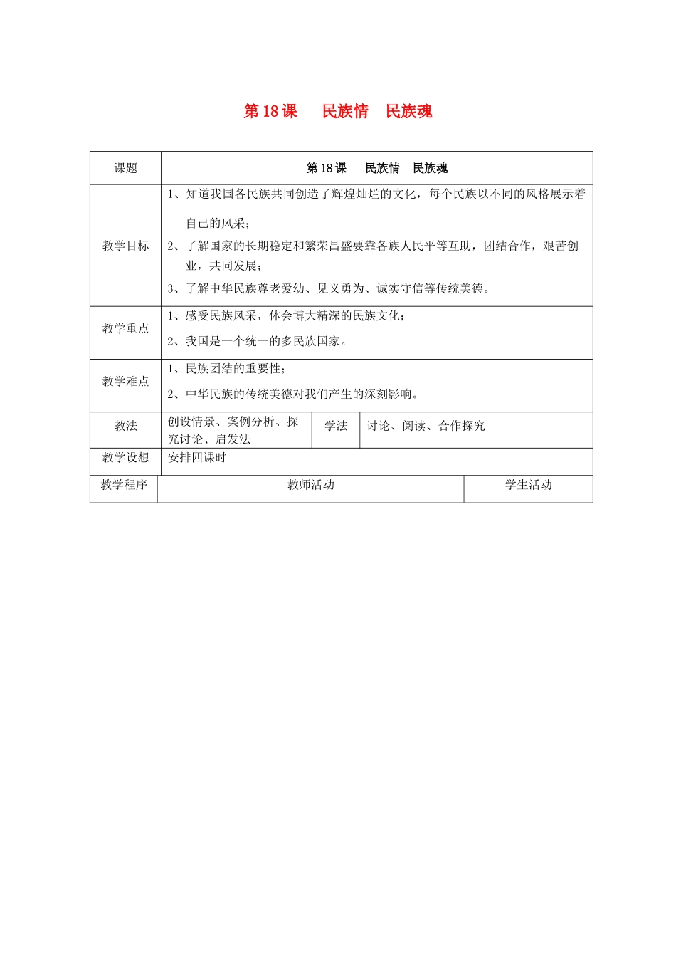 江苏省扬州市江都区双沟中学八年级政治下册 民族情 民族魂教案 苏教版_第1页